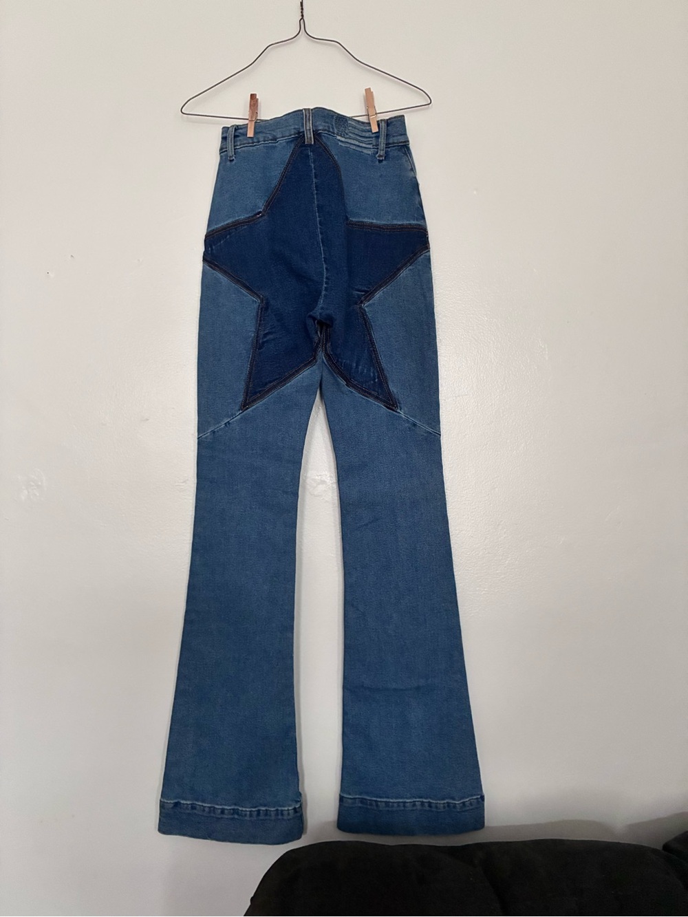 REVICE Two-Tone Star Patch Flare Jeans in Dark & Medium Blue